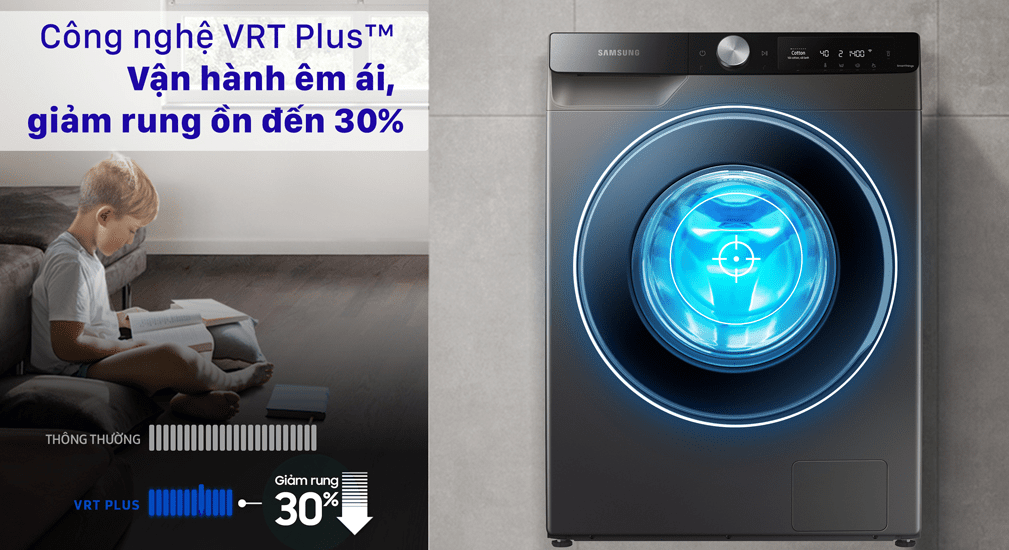 Máy giặt 10Kg SamSung WW10T634DLX/SV giặt giũ êm ái, giảm ồn, chống rung đến 30% trong quá trình với giặt công nghệ VRT Plus™