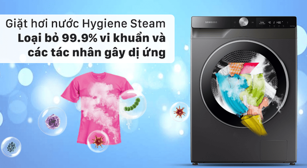 Máy giặt WW10T634DLX/SV SamSung diệt khuẩn 99,9% và các tác nhân dị ứng với giặt hơi nước Hygiene Steam