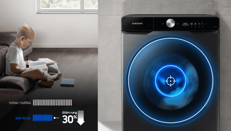 Công nghệ VRT Plus giảm rung ồn đến 30% trên máy giặt Samsung AI Addwash WW12TP94DSBSV 