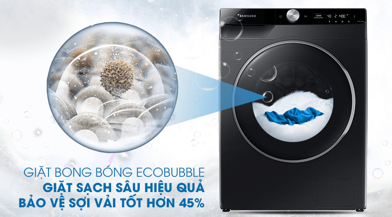 3. Giặt sạch sâu, bảo vệ sợi vải tốt hơn 45% nhờ công nghệ giặt bong bóng siêu mịn EcoBubble
