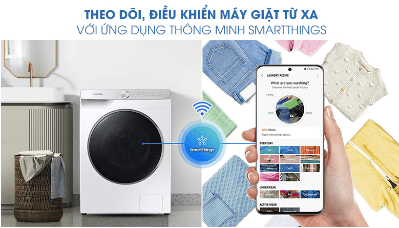 Ứng dụng SmartThings giúp theo dõi, điều khiển máy từ xa trên máy giặt Samsung WW90TP44DSH SV 