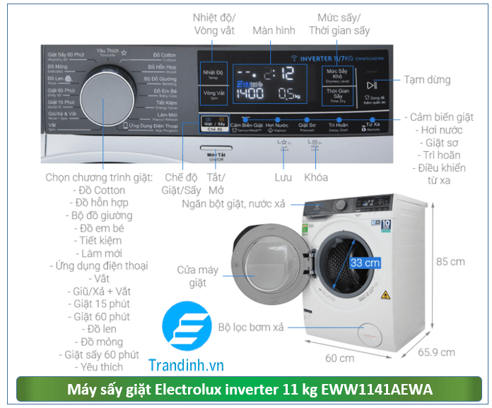 Phác hoạ tổng quát máy giặt sấy Electrolux 11 kg EWW1141AEWA