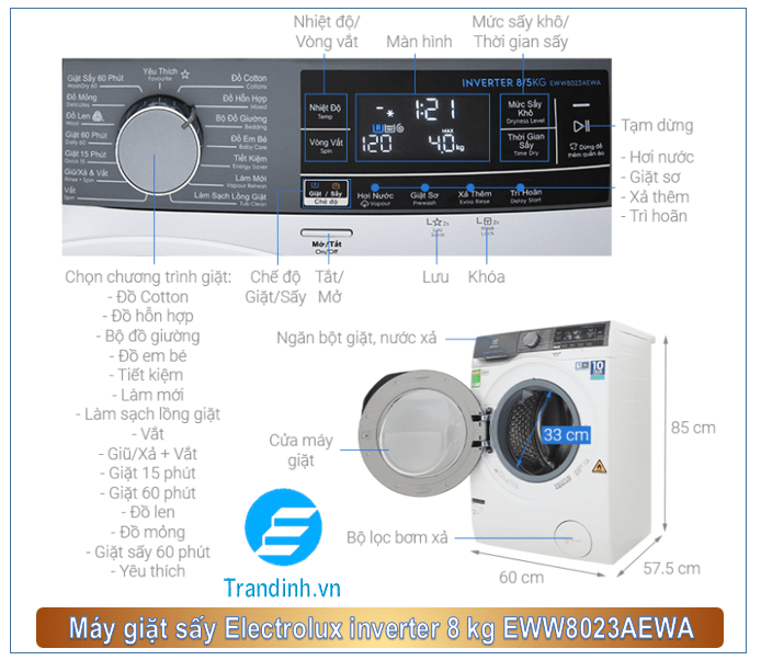 Phác hoạ tổng quát máy giặt sấy Electrolux Inverter 8 kg EWW8023AEWA