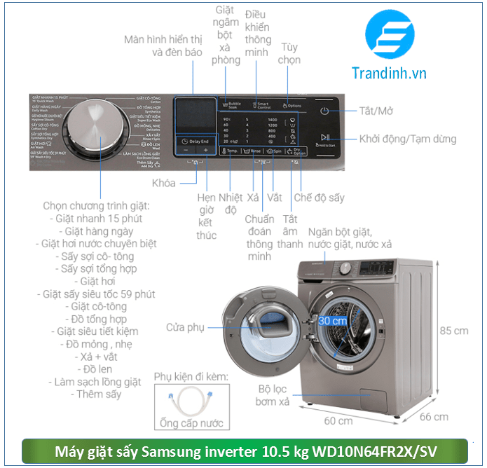 Hình ảnh tổng quan máy giặt sấy Samsung Inverter 10.5 kg WD10N64FR2X/SV 
