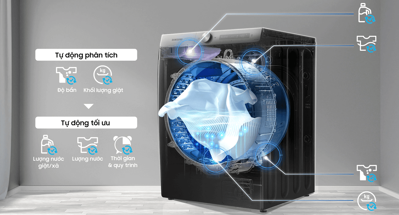4. Máy giặt sấy lồng ngang SamSung WD14TP44DSB với thiết kế AI Wash tự động tối ưu lượng nước giặt xả, lượng nước và thời gian giặt