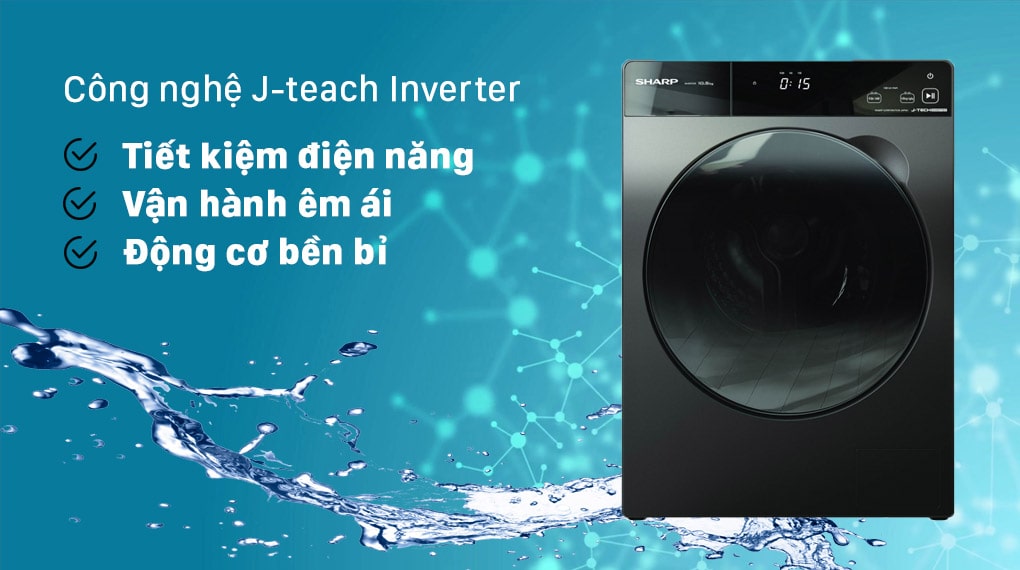 3. Máy giặt Sharp ES-FK1054SV-G giúp tiết kiệm điện tối ưu nhờ công nghệ J-teach Inverter
