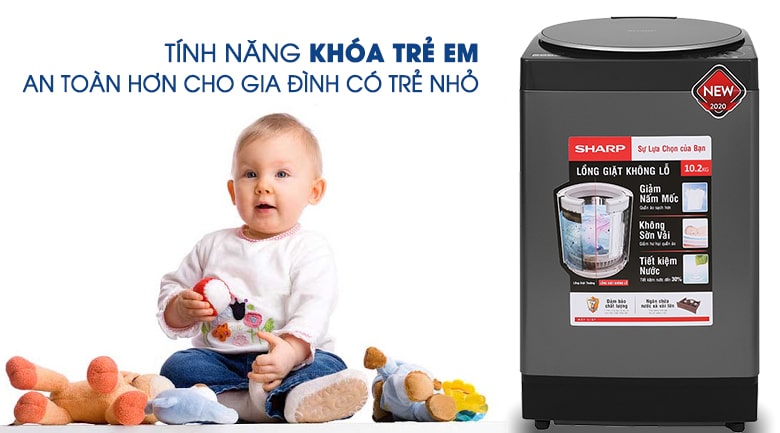 Máy giặt Sharp ES-W102PV-H có khóa trẻ em an toàn cho gia đình có trẻ quậy phá