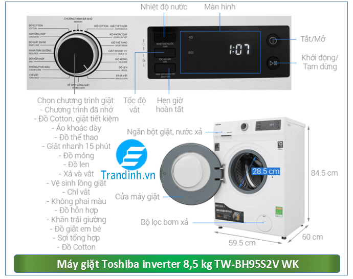 Phác hoạ tổng quan máy giặt Toshiba Inverter 8.5 Kg TW-BH95S2V WK
