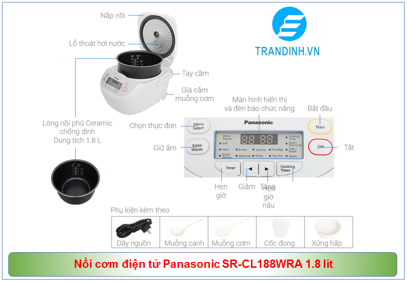 Hình ảnh tổng quan sản phẩm Nồi cơm điện tử Panasonic 1.8 lít SR-CL188WRA