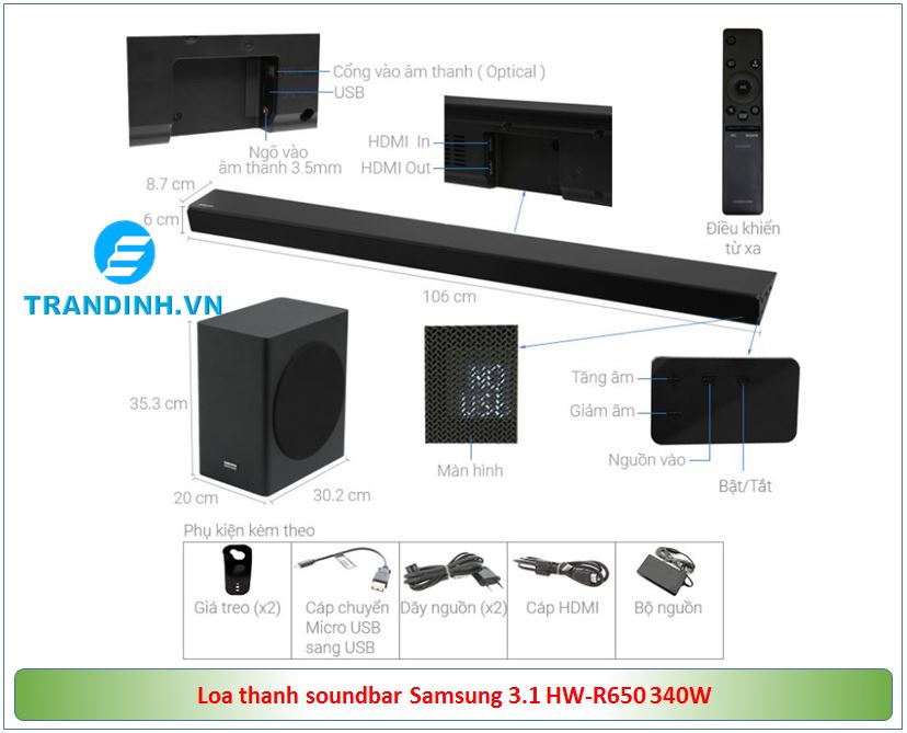 Loa thanh soundbar Samsung 3.1 HW-R650 7 Tổng quan sản phẩm Loa thanh soundbar Samsung 3.1 HW-R650