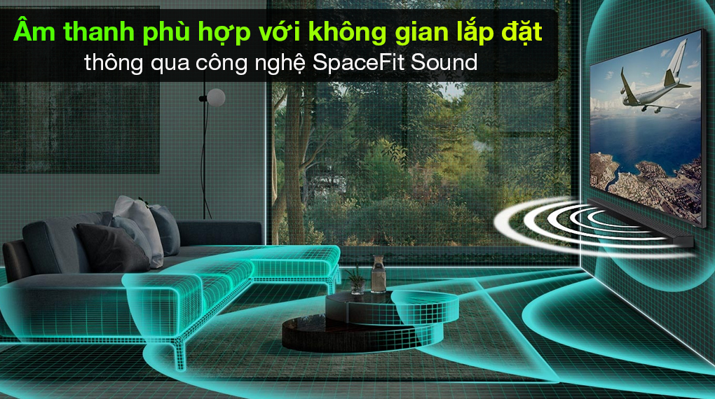 Loa thanh Samsung HW-Q700 có thể điều chỉnh âm thanh rất hợp lý với công nghệ SpaceFit Sound