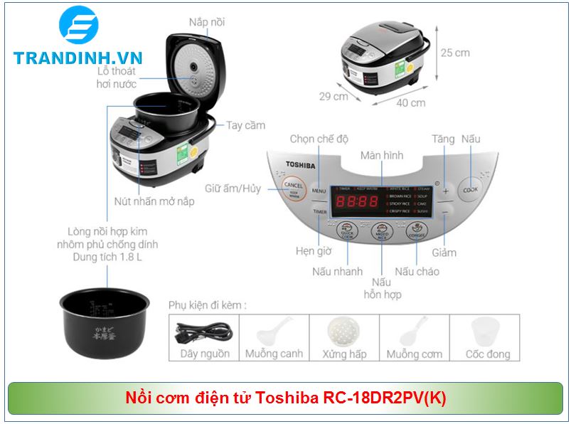 Thông số kỹ thuật của nồi cơm điện Toshiba 1.8 lít RC-18DR2PV(K)