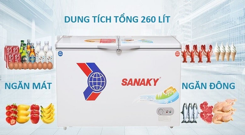 Tủ đông Sanaky VH-3699W1 sở hữu dung tích 260 lít chứa nhiều thực phẩm