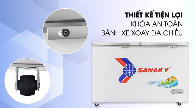 Tủ đông Sanaky 410 lít VH 5699HY 11 Khoá an toàn và bánh xe đa chiều tiện lợi trên tủ đông VH-5699HY