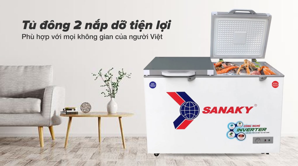 Tủ đông Sanaky TD.VH4099W4K inverter 280 lít 8 Tủ đông VH-4099W4K thiết kế 2 nắp dỡ tiện lợi, phù hợp với mọi không gian