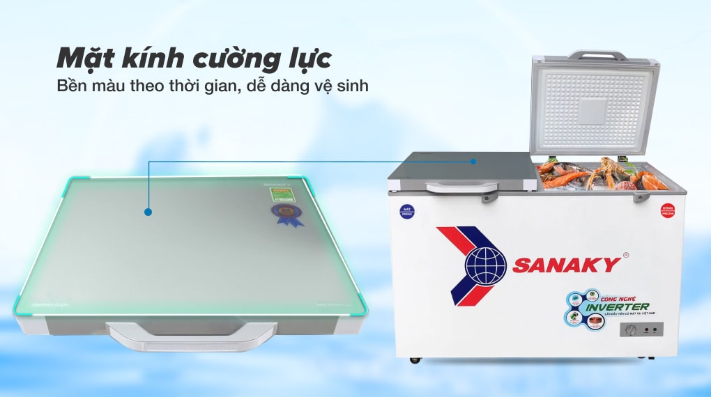 Tủ đông Sanaky TD.VH4099W4K inverter 280 lít 9 Mặt tủ bằng kính cường lực dễ dàng vệ sinh, bền màu theo thời gian