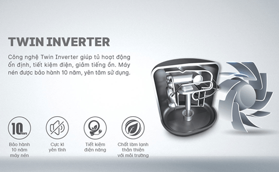 Động cơ Twin Inverter trên tủ lạnh Aqua AQR-T239FA (HB) giúp tiết kiệm điện năng hiệu quả