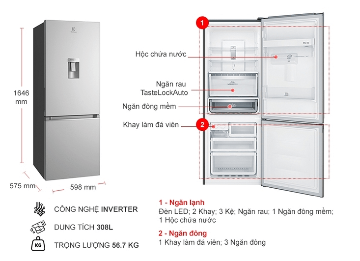 1. Phác hoạ tổng quát tủ lạnh Electrolux EBB3442K-A inverter 308 lít