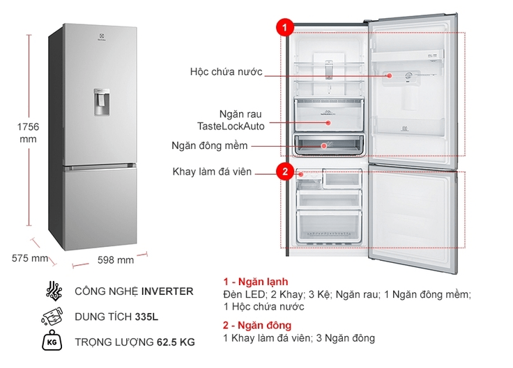 Hình ảnh tổng quan tủ lạnh Electrolux EBB3742K-A inverter 335 lít