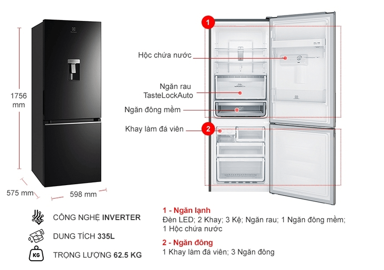Tổng quan tủ lạnh Electrolux EBB3742K-H 335L inverter