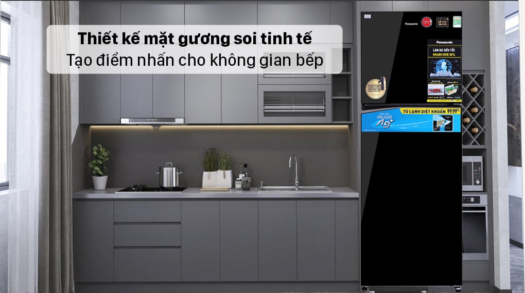 Tủ lạnh Panasonic NR-TL381VGMV inverter 366 Lít 6 2. Tủ lạnh Panasonic NR-TL381VGMV với thiết kế mặt gương tinh tế, sang trọng