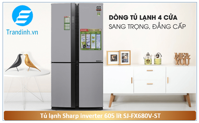 Tủ lạnh Sharp 605 lít SJ-FX680V-ST có thiết kế tinh tế, đẳng cấp 
