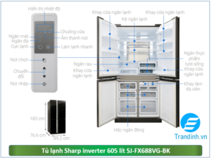 Phác hoạ tổng quát tủ lạnh Sharp Inverter 605 lít SJ-FX688VG-BK