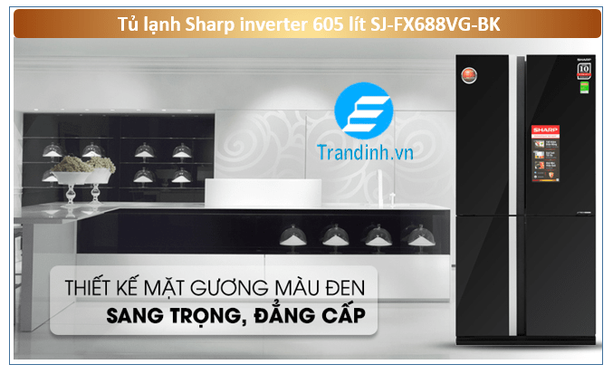 Tủ lạnh Sharp 605 lít SJ-FX688VG-BK kiểu dáng sang trọng, thiết kế tinh tế