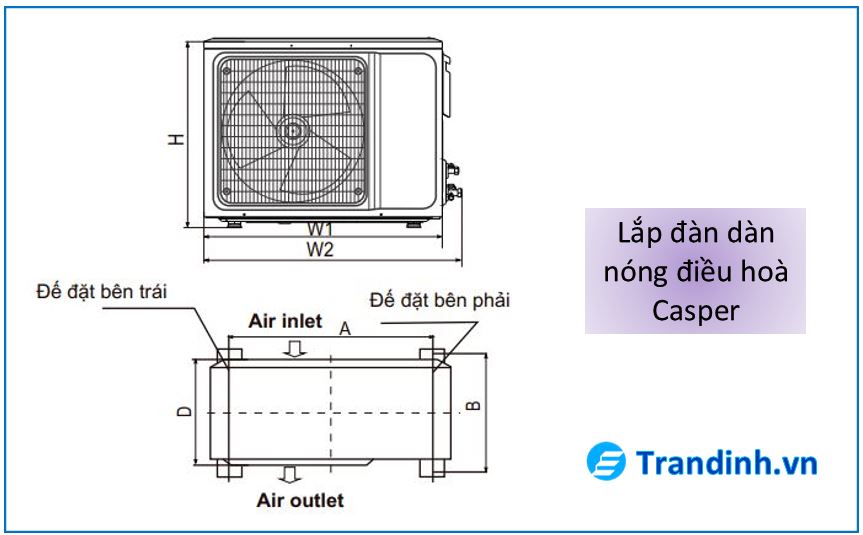 Bảng vẽ các chiều lắp đặt dàn nóng điều hoà Casper