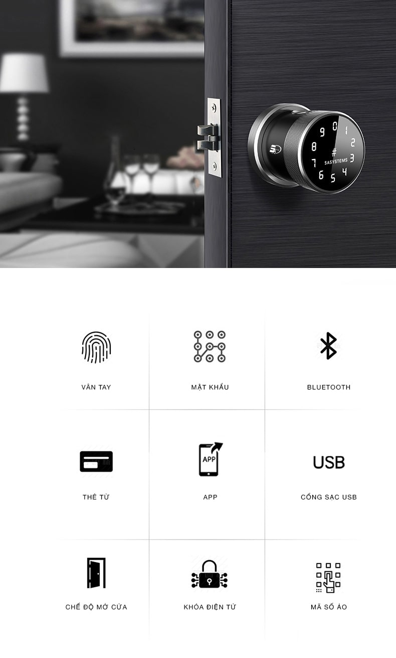 Khoá cửa vân tay 5asystem 5A B2 4 3. Đa dạng các phương thức mở khoá