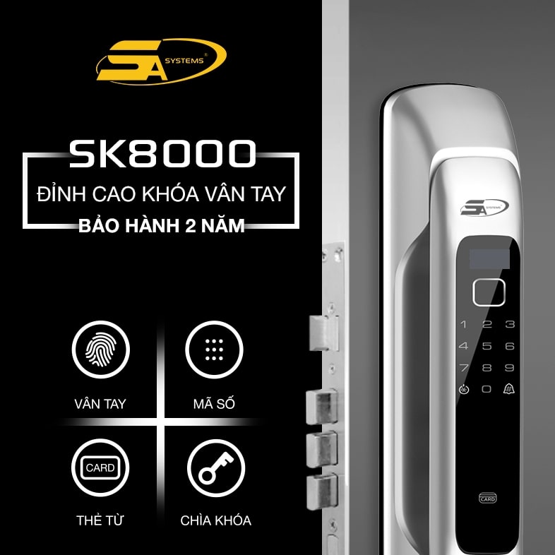 Khoá điện tử 5asystem SK8000 - Vân tay, mã số, thẻ từ 9 Khoá thông minh 5asystem SK8000 sở hữu 4 phương thức mở khoá tiện dụng