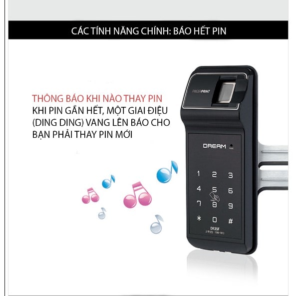 Khóa cửa kính Evernet LH600FG-SN - Vân tay, mã số, thẻ từ 13 Chức năng báo pin yếu bằng âm thanh và đèn tín hiệu