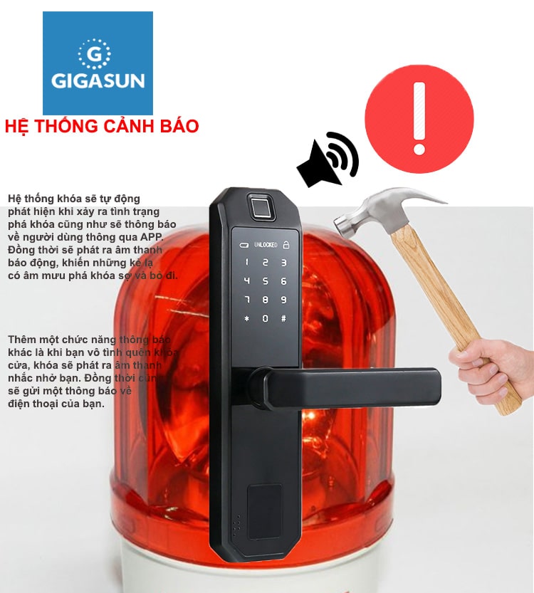 Khoá cửa vân tay Gigasun D04B 9 4. Tính năng cảnh báo tiện ích trên khoá điện tử Gigasun D04B