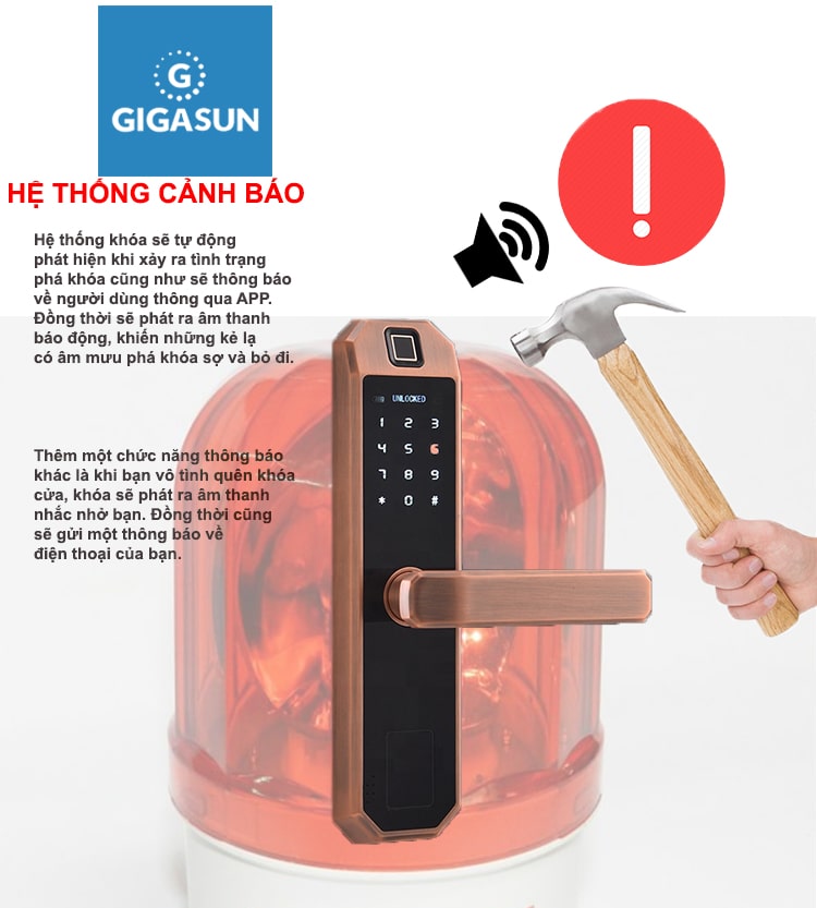 Khoá cửa vân tay Gigasun D04R 12 Hệ thống báo động tiện lợi trên khoá vân tay D04R