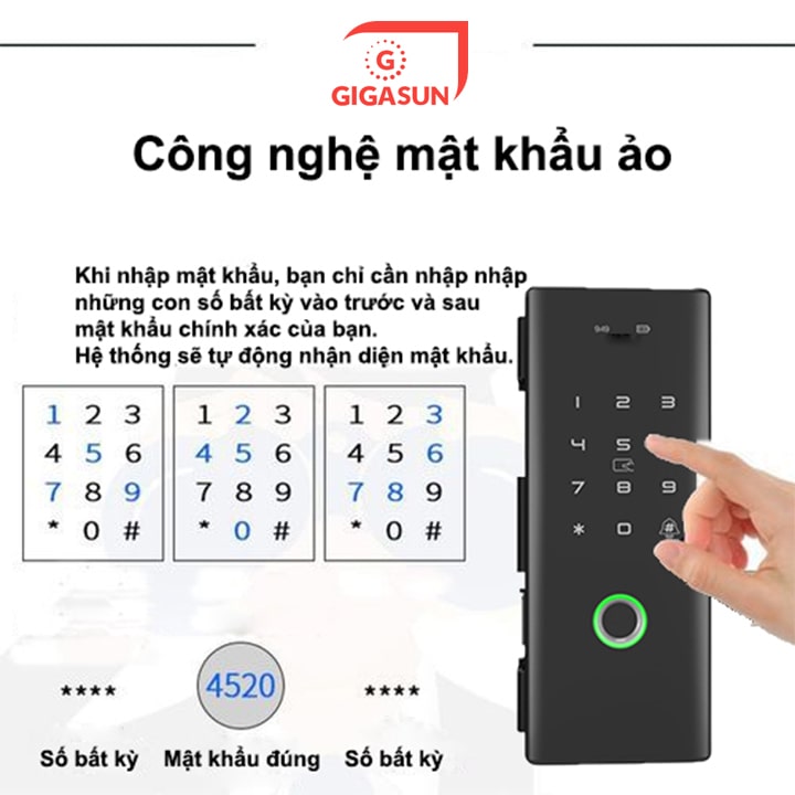 Khóa vân tay cửa kính Gigasun GL01B 10 Công nghệ mã số ảo chống lộ mật khẩu