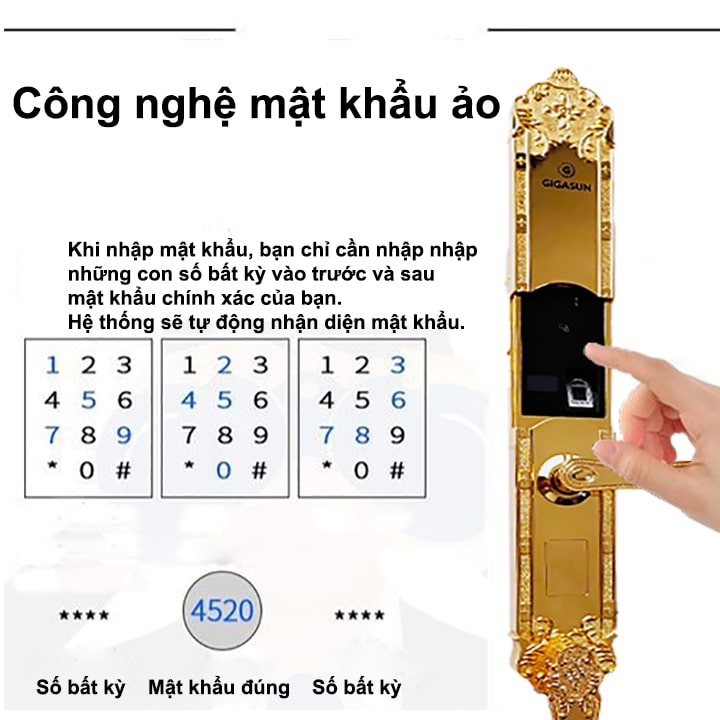 Khoá cửa vân tay cổ điển Gigasun X1G - Mạ vàng 24K 8 Công nghệ mã số ảo tránh lộ mật khẩu