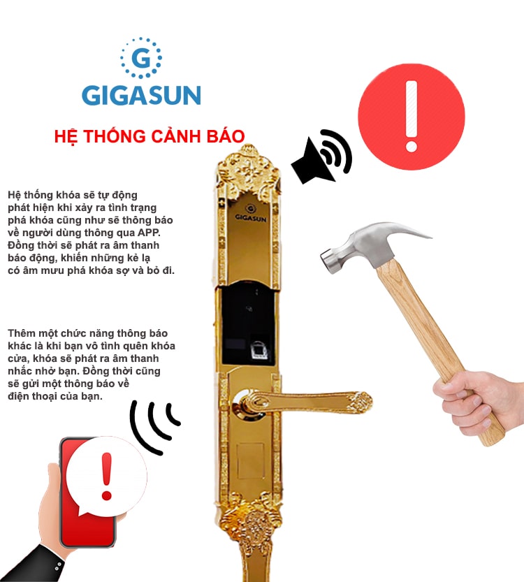 Khoá cửa vân tay cổ điển Gigasun X1G - Mạ vàng 24K 10 3. Hệ thống cảnh báo thông minh trên khoá cửa Gigasun X1G