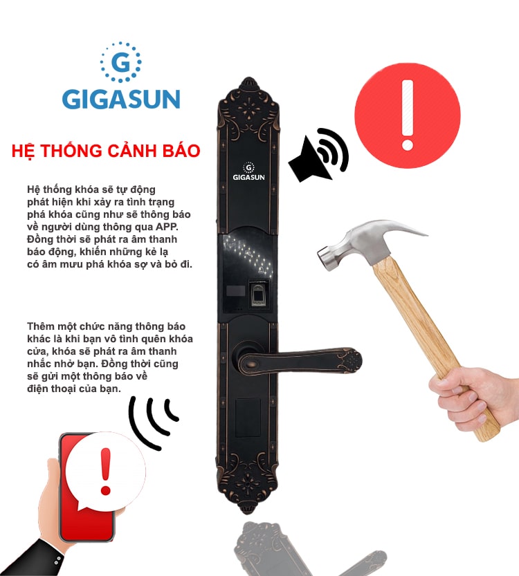 Khóa cửa vân tay cổ điển Gigasun X2B 11 7. Hệ thông cảnh báo tiện lợi trên khoá điện tử Gigasun X2B