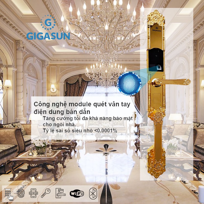 Khoá cửa vân tay cổ điển Gigasun X2G 12 6. Công nghệ vân tay FPC bảo mật cao, độ xử lý nhanh nhạy