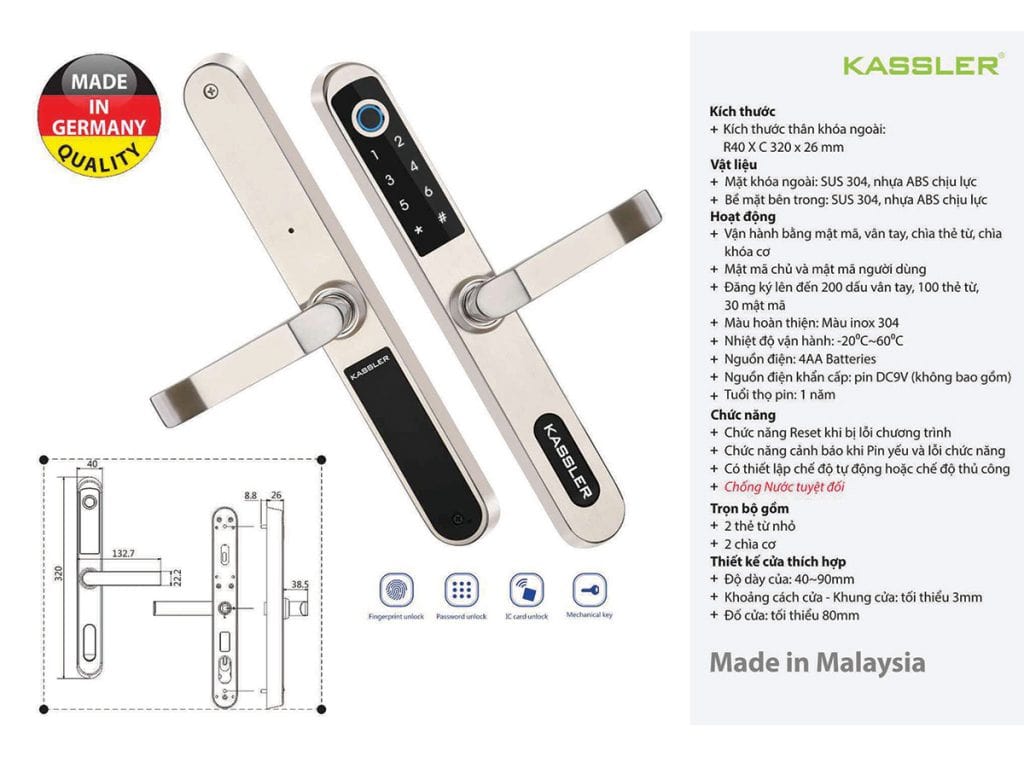 Khoá vân tay cửa lùa Kassler KL-599I 1 1. Đặc điểm nổi bật trên khoá điện tử Kassler KL-599I