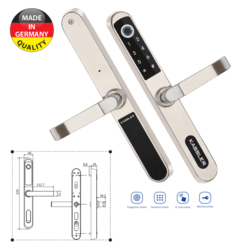 Khoá vân tay cửa nhôm Kassler KL-599LX 2 1. Khoá cửa nhôm Kassler KL-599LX thiết kế hiện đại, bền bỉ