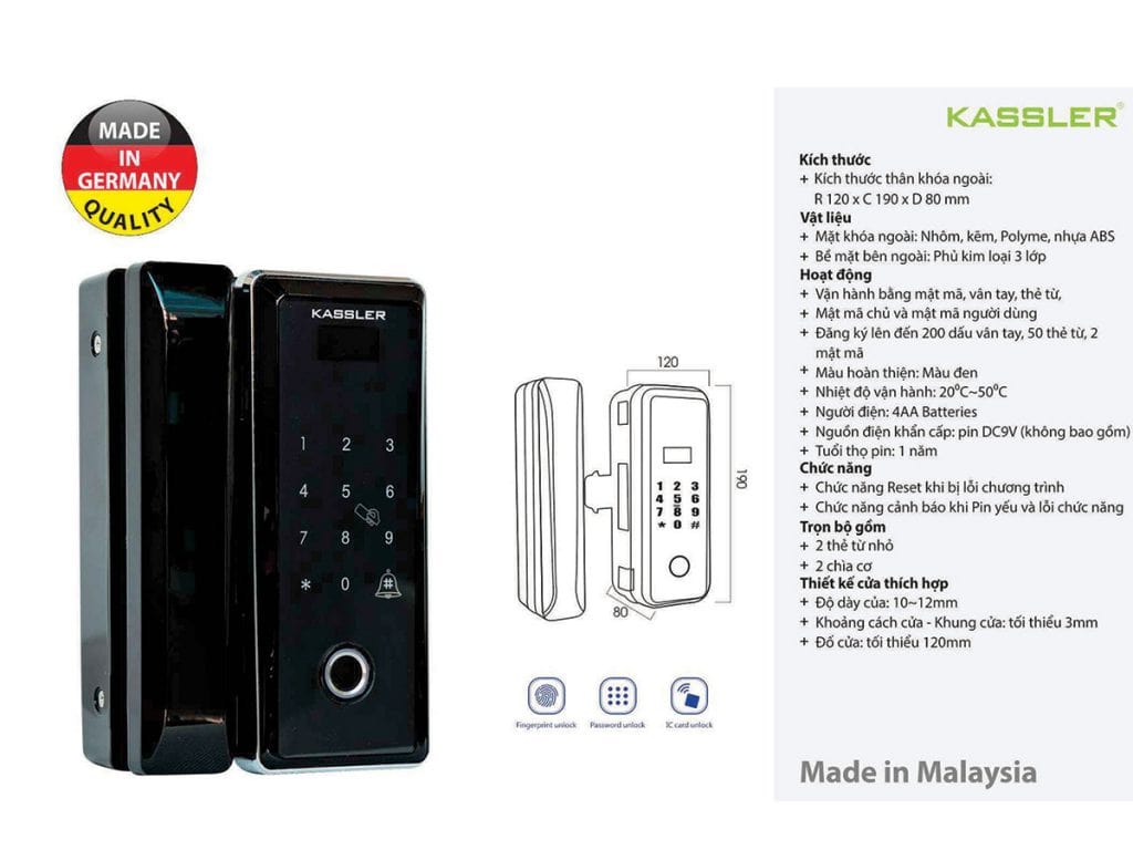 Khoá vân tay cửa kính Kassler KL-589 6 3. Khoá cửa vân tay KL 589 phù hợp lắp đặt cho nhiều kiến trúc nhà