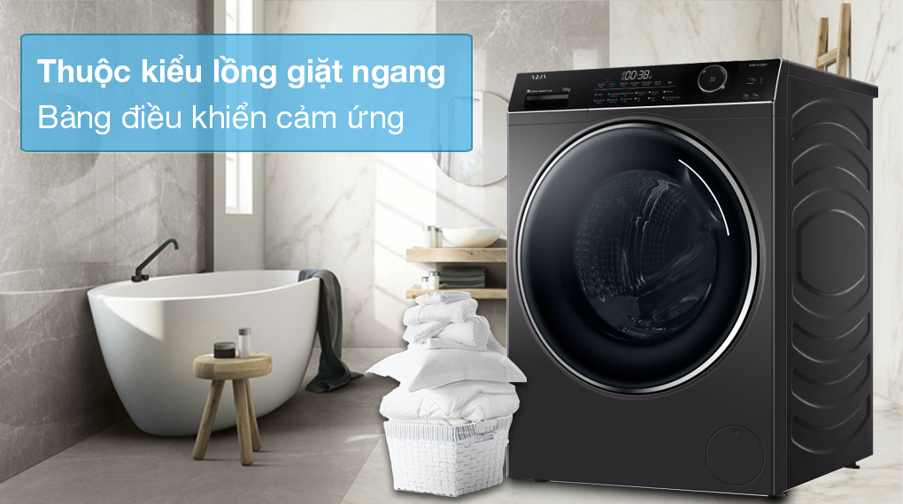 Máy giặt Aqua Inverter 12 kg AQD-A1200H PS - Thiết kế lồng giặt ngang, bảng điều khiển cảm ứng sang trọng 
