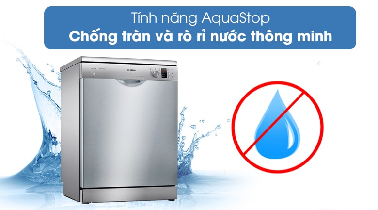 Máy rửa bát độc lập Bosch SMS25DI05E 9 6. Chống tràn, ngăn chặn rò rỉ nước với tính năng AquaStop