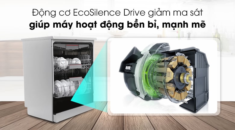 Máy rửa bát Bosch SMS46MI05E 7 4. Công nghệ EcoSilence Drive giảm ma sát giúp máy hoạt động bền bỉ, mạnh mẽ