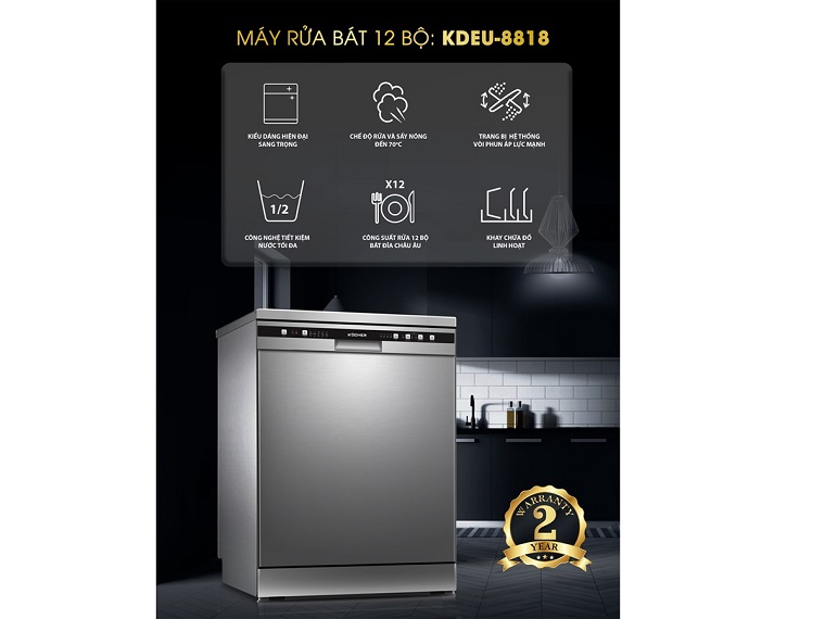 Máy rửa bát Kocher KDEU-8818 (12 bộ) 7 4. Sức chứa lên 12 bộ bát đĩa theo tiêu chuẩn Châu Âu.
