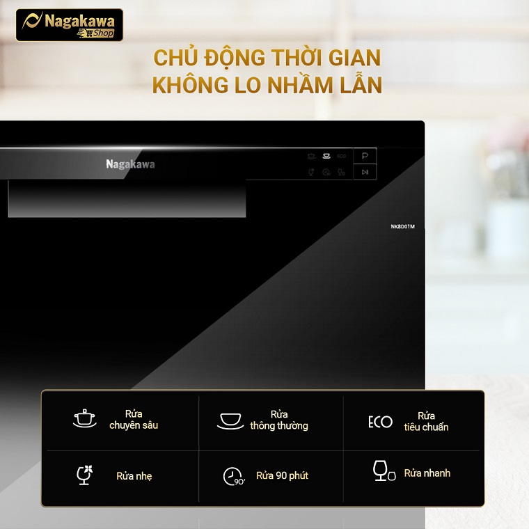 Máy rửa bát Nagakawa NK8D01M (8 bộ) 6 4. Chủ động thời gian không lo nhầm lẫn
