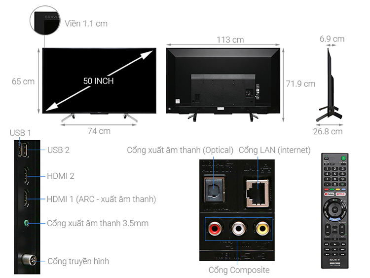 1. Thông số kỹ thuật Smart Tivi Sony Full HD 50 inch KDL-50W660G/Z