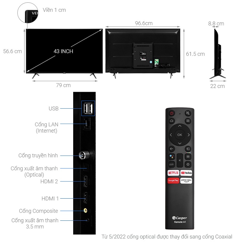 7.3 Kích thước của tivi Casper 43 inch