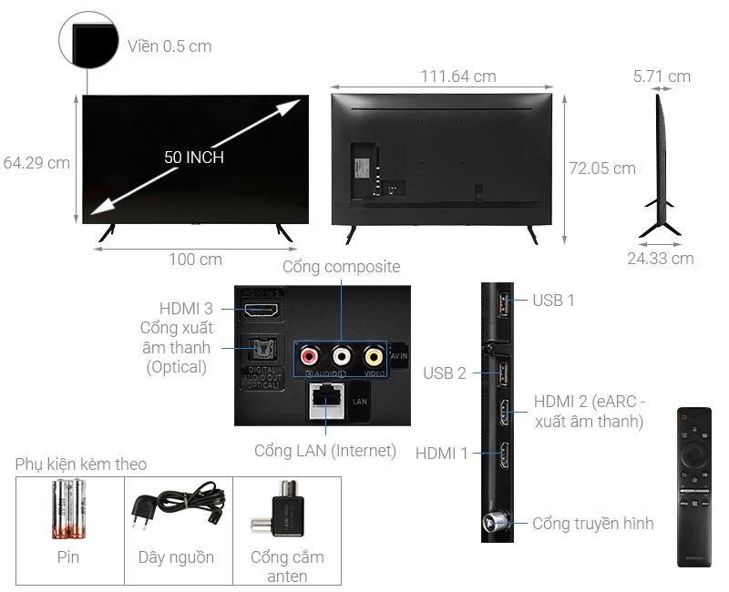 3.1 Kích thước tivi SamSung 50 inch là bao nhiêu?